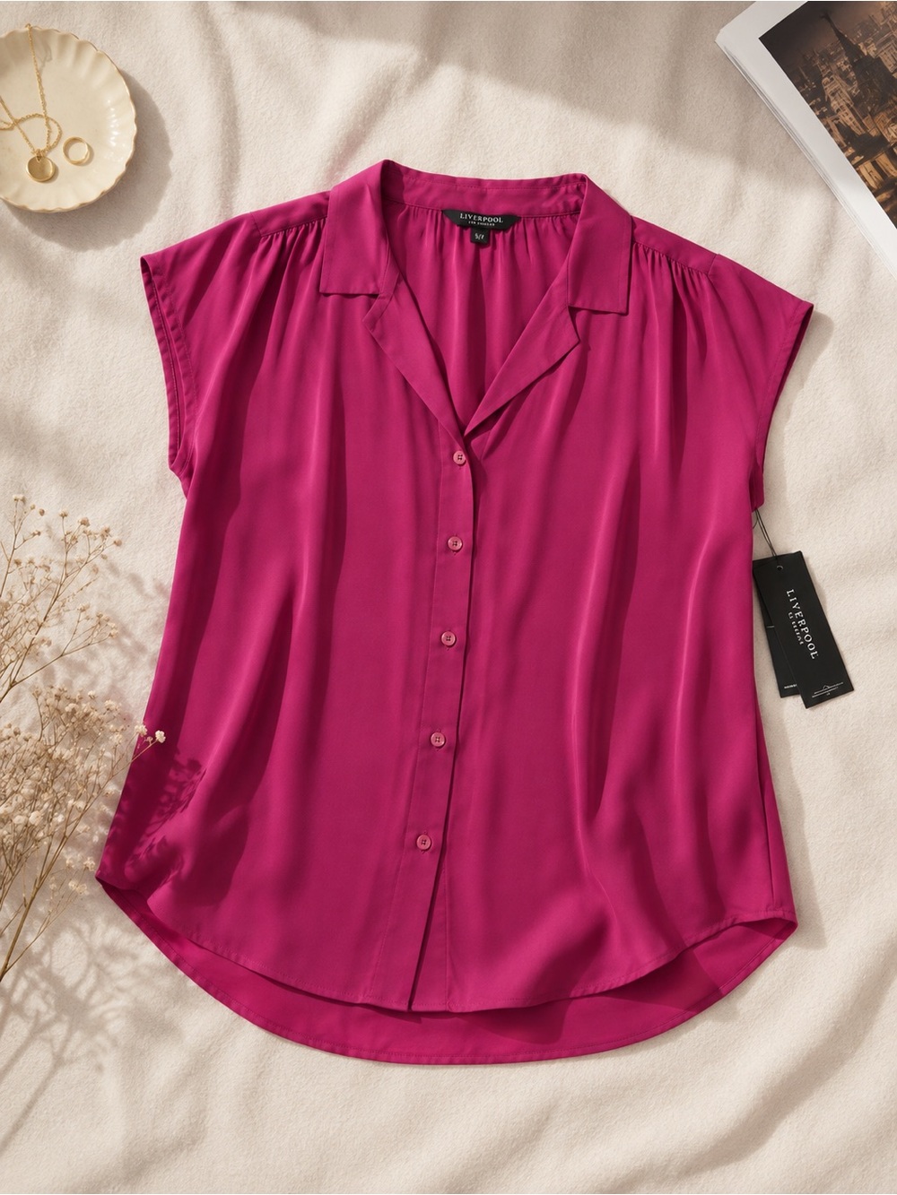 Liverpool Magenta Button-Front Cap Sleeve Shirt